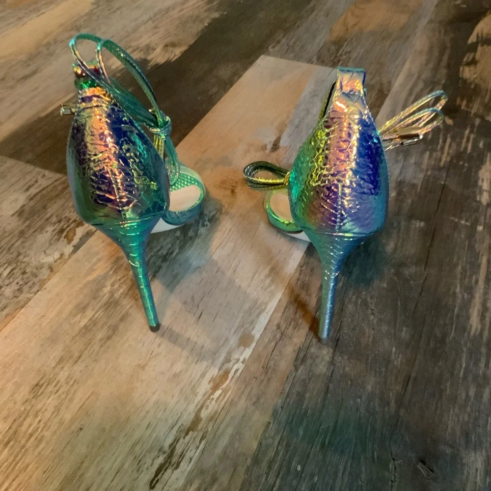 Lulu's Iridescent Aqua Lace-Up Stiletto Sandals Size 7.5